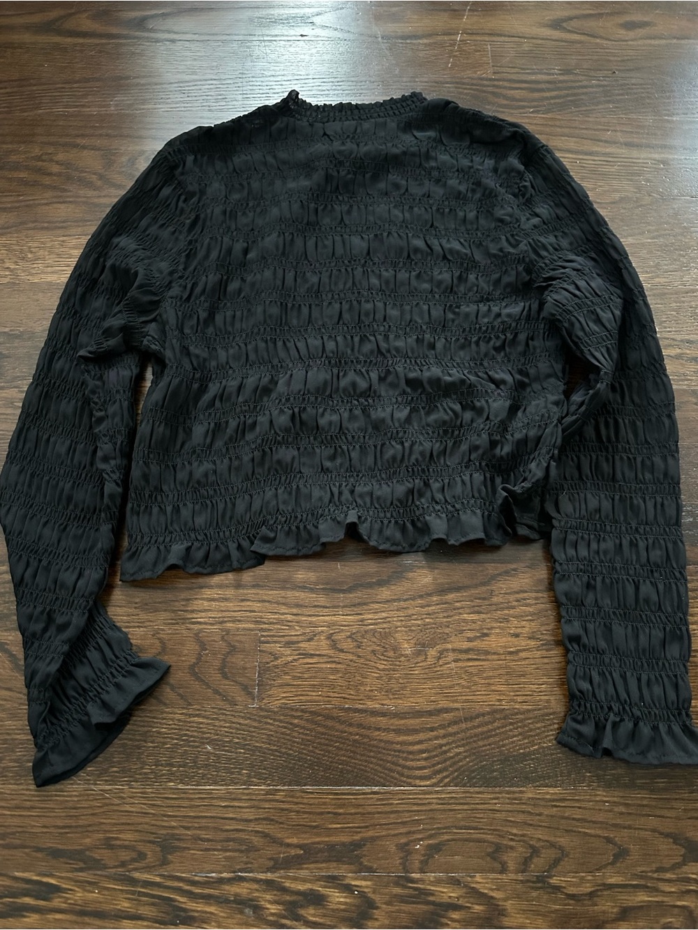 H&M Sheer Black Smocked Long Sleeve Crop Top with Ruffled Edges